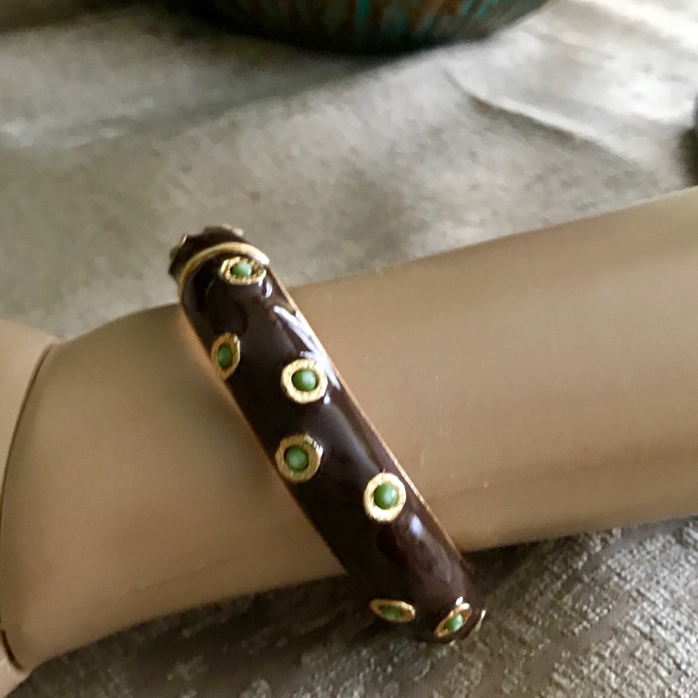 Brown /gold with green dots
